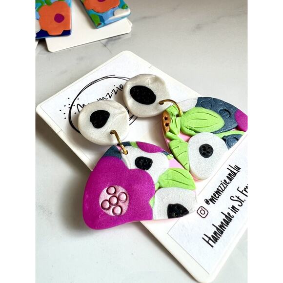 Handmade Polymer Clay Earrings Handcrafted Artwork Floral Organically Shaped - Picture 3 of 4